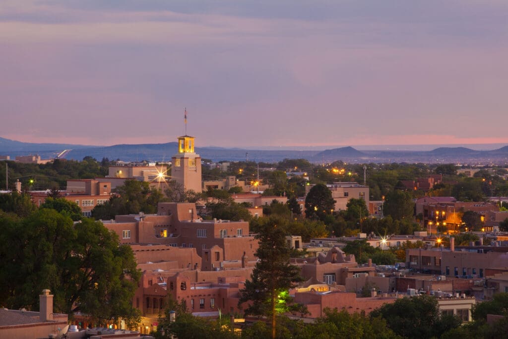 View of Santa Fe, New Mexico city during dusk.